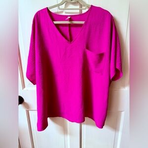 Zenana Woven Airflow V-Neck Dolman Short Sleeve Pocket Top